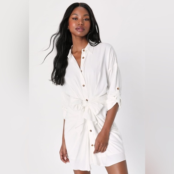LULU’S Charming Confidence White Collared Button Up Mini Dress - Picture 3 of 5